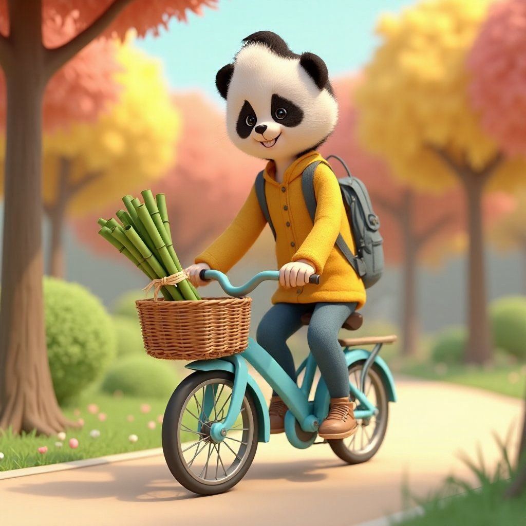 Anthropomorphic panda character riding a bike through a bright forest path, wearing a yellow hoodie and carrying bamboo in a basket with a red bow