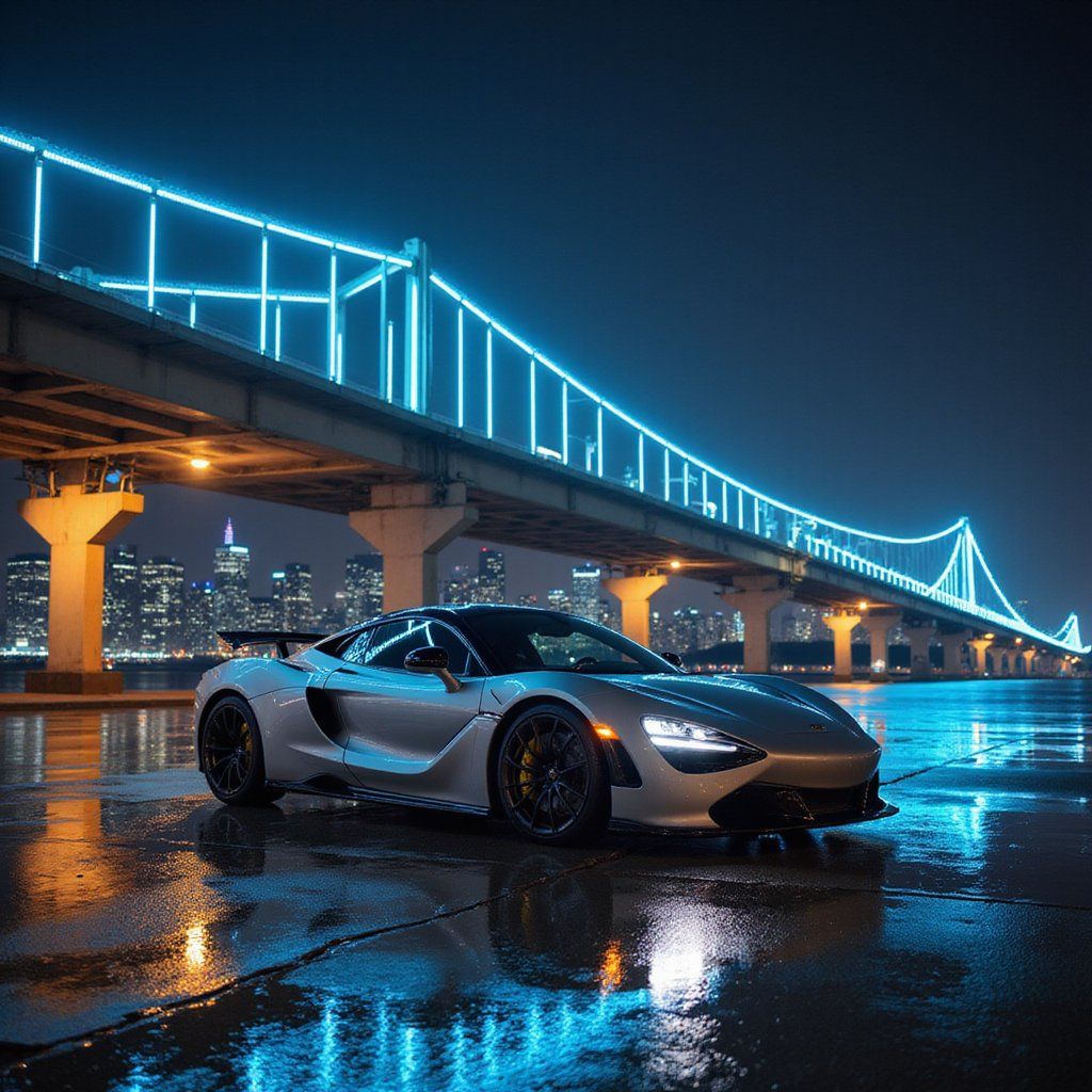 Silver sports car at night under a neon-lit bridge, reflecting off the wet pavement with a city skyline behind