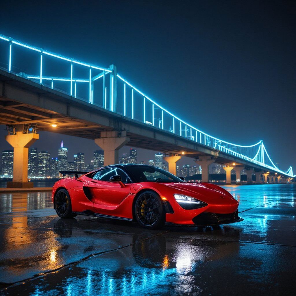 Red sports car parked on a wet surface at night under a brightly lit bridge with a city skyline in the background