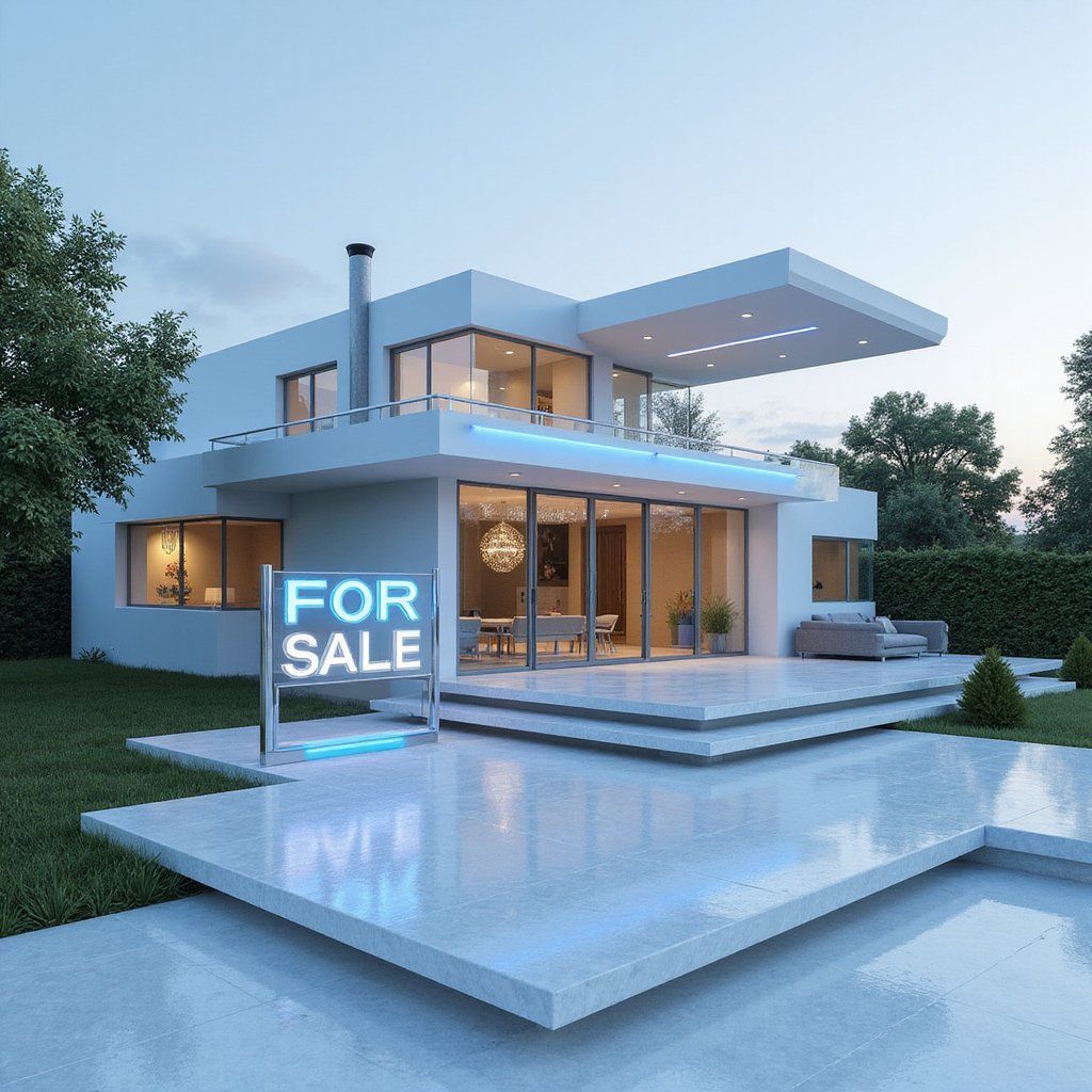 Contemporary two-story house with neon 'FOR SALE' sign on the front lawn, viewed at sunset with warm interior lighting