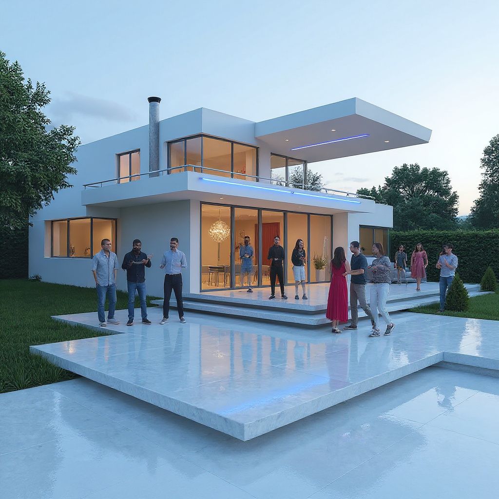 Modern white house with large glass windows during a social gathering, with people mingling on the patio at dusk