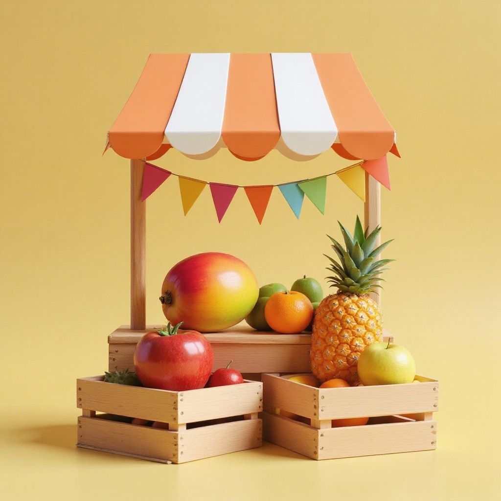 Colorful fruit stand with wooden crates and a striped canopy, set against a bright yellow background with festive bunting