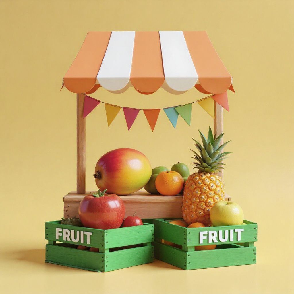 Colorful fruit stand with wooden crates and a striped canopy, set against a bright yellow background with festive bunting