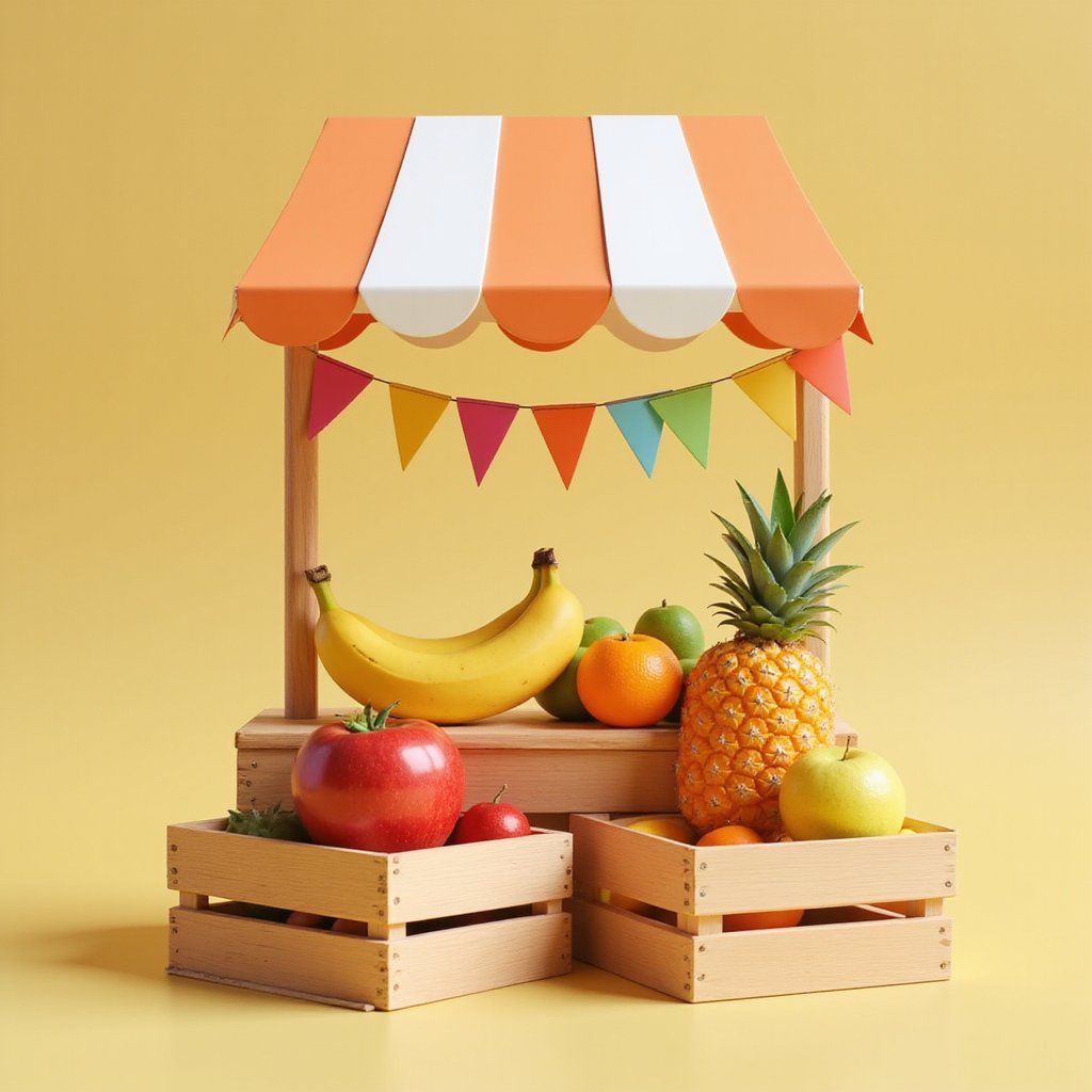 Colorful fruit stand with wooden crates and a striped canopy, set against a bright yellow background with festive bunting