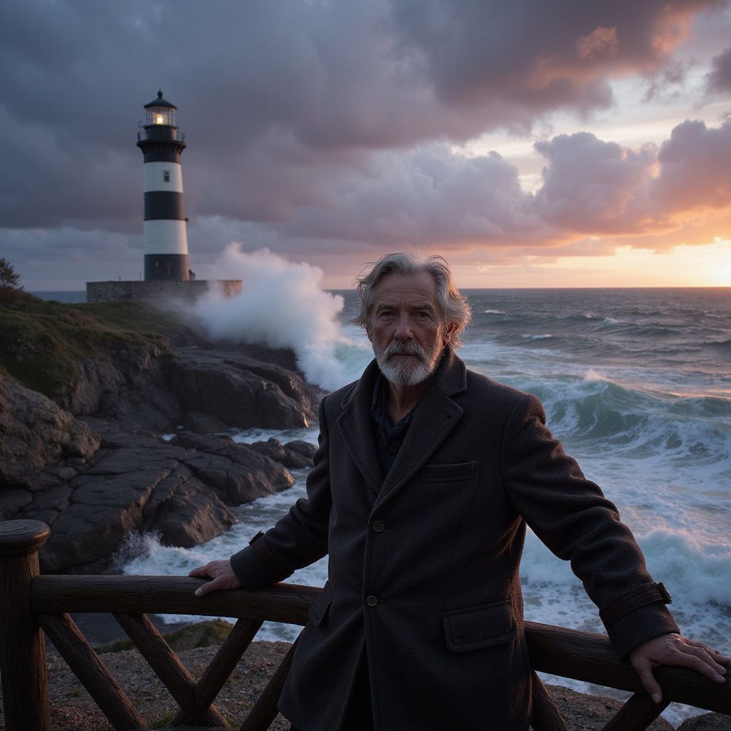 A rugged old man in a heavy wool coat stands against a raging sea, his weathered hands gripping the rail of a storm-battered lighthouse. Waves crash violently against the rocky shore, and the sky is painted in deep purples and oranges as the sun sets behind rolling clouds. His eyes tell a story of solitude, resilience, and untold tales