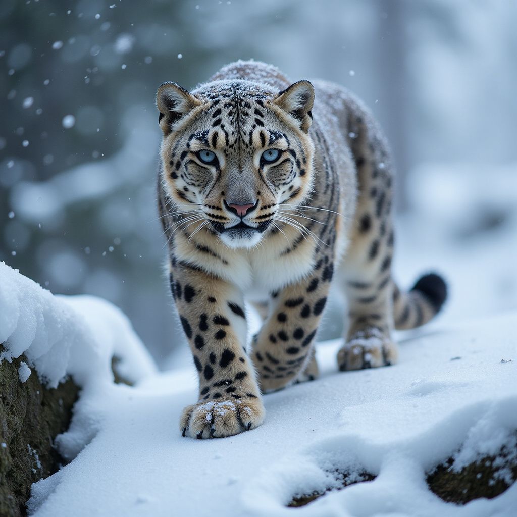 A majestic snow leopard prowls across an icy ridge, its thick fur blending with the frost-covered landscape. Snowflakes cling to its whiskers, and its piercing blue eyes lock onto something in the distance. The scene is both fierce and elegant, capturing the untamed beauty of the wild