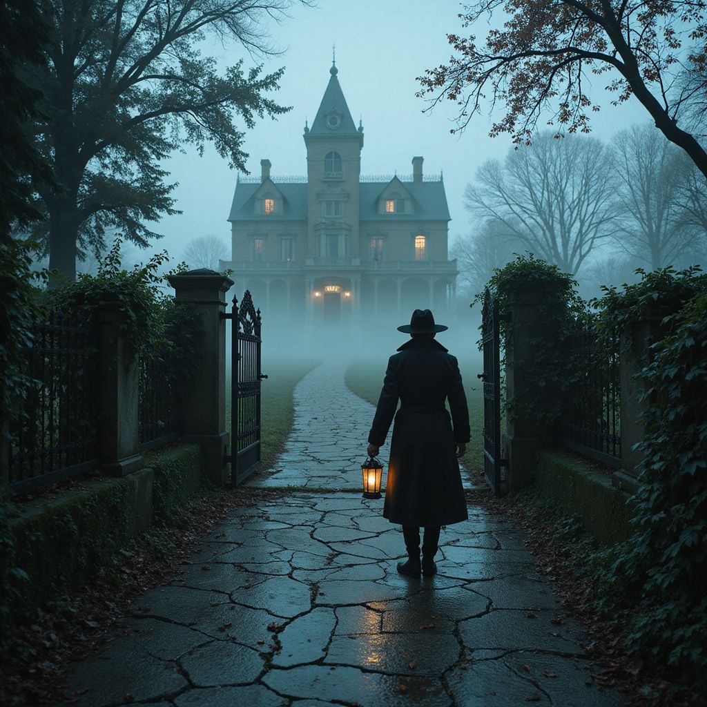 A grand Victorian mansion looms in the background, its windows glowing faintly against the swirling fog. A lone figure in a long coat and wide-brimmed hat stands at the iron gate, gripping a lantern. The pathway leading up is cracked, with overgrown ivy and hidden shadows lurking beneath the trees. The book title is elegantly placed in an old-world serif font, enhancing the eerie atmosphere