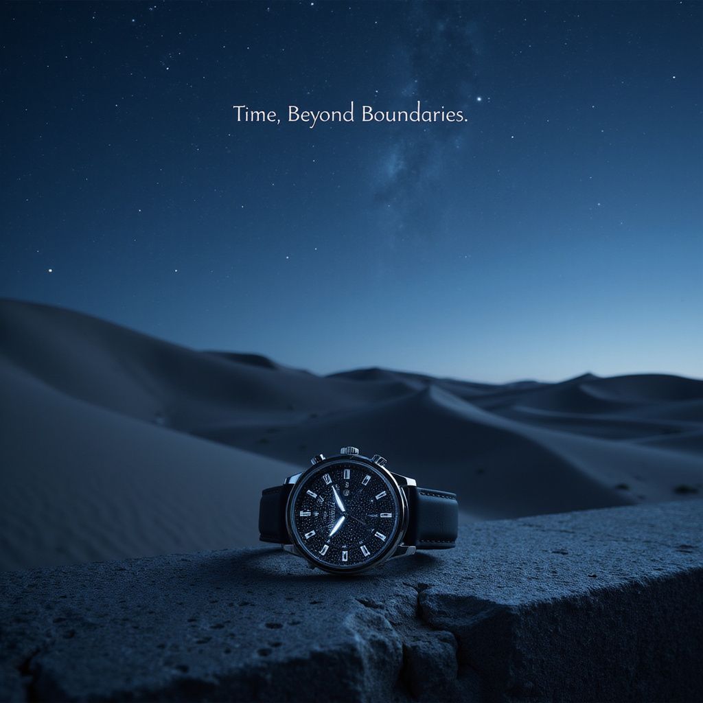 A sleek, high-end watch rests on a stone ledge under a vast, star-filled sky. The background showcases rolling dunes bathed in cool moonlight, while the watch's face glows subtly, reflecting the constellations. The tagline, 'Time, Beyond Boundaries,' appears elegantly above