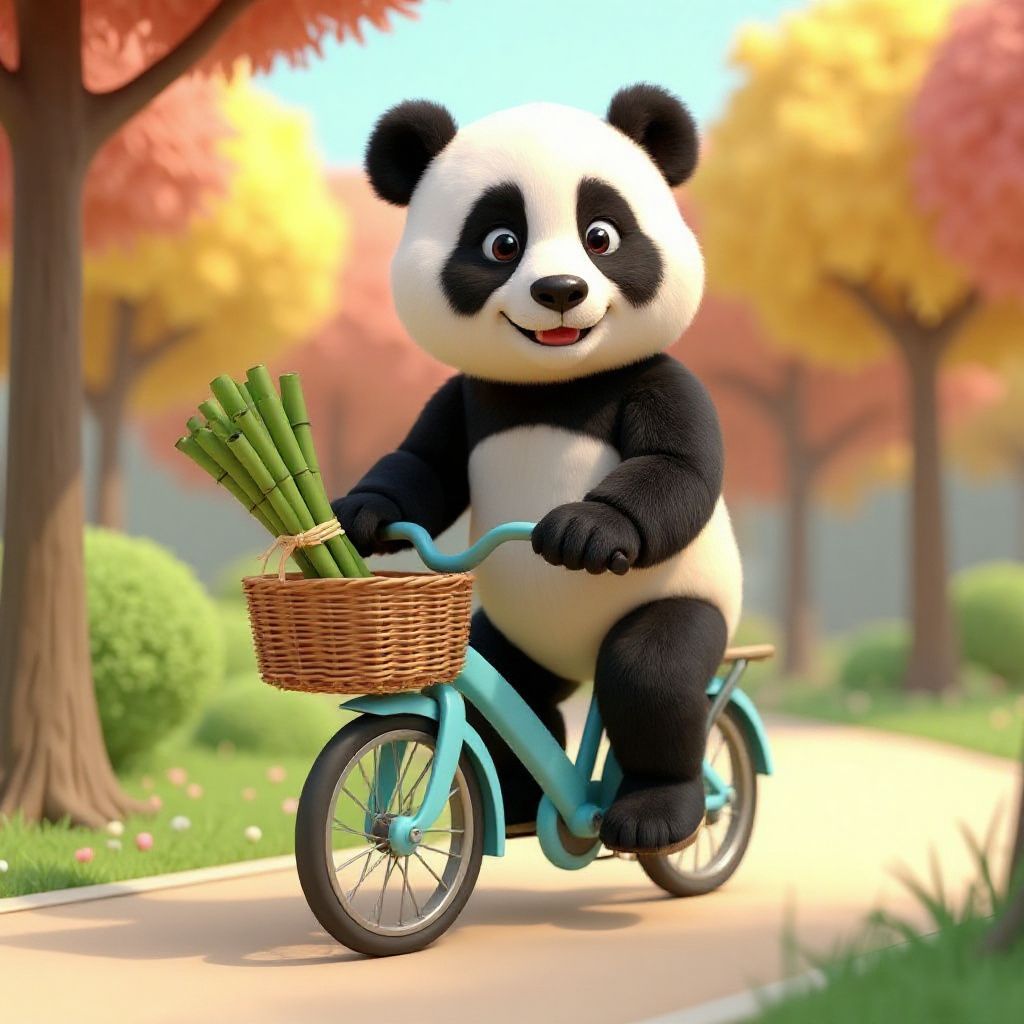 Cute panda on a blue bicycle holding bamboo in a front basket, riding along a scenic path with vibrant trees in the background