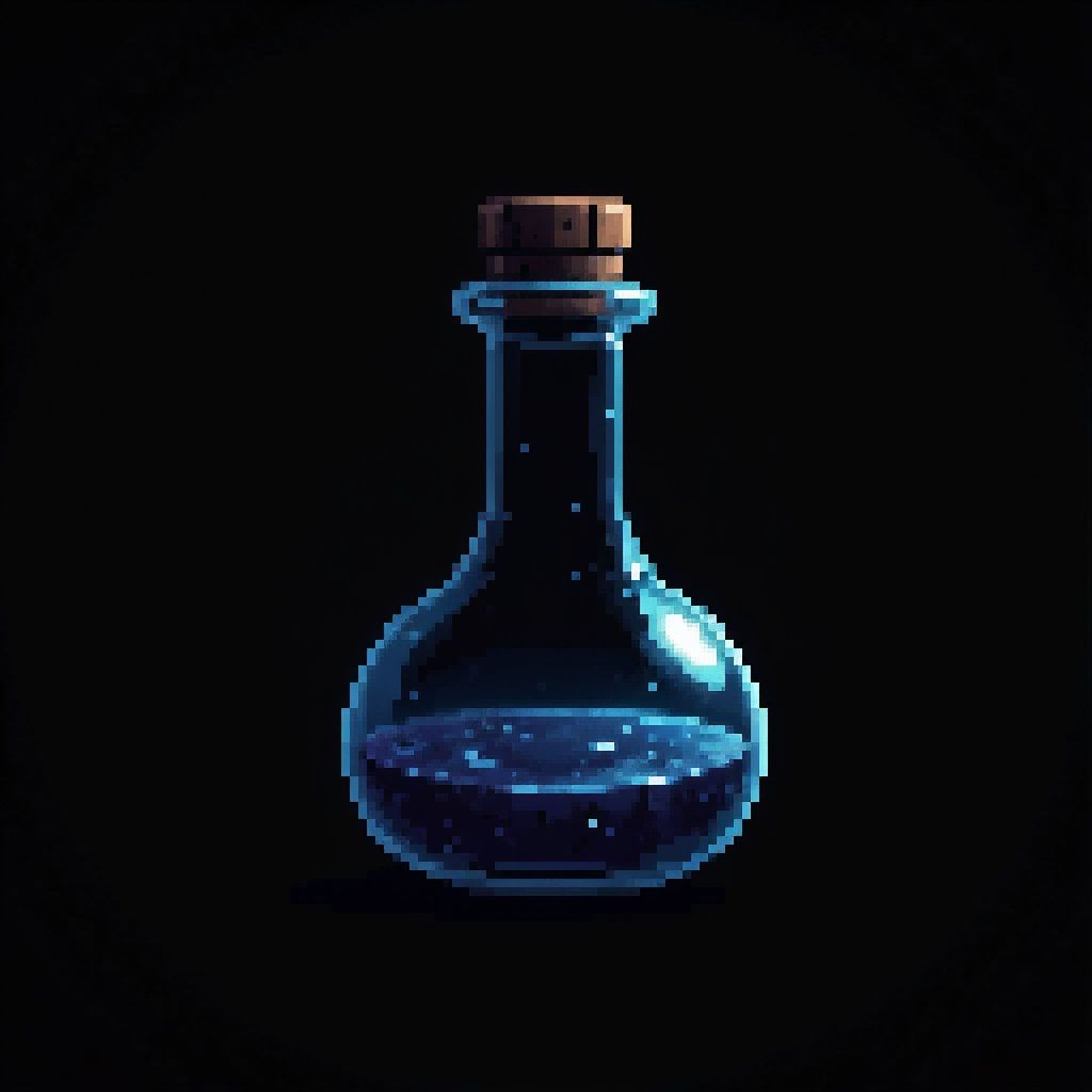 pixel art game asset, mana potion, swirling blue liquid, ornate glass bottle, magical effect, clean lines, vibrant colors, game-ready, professional pixel art style, black background