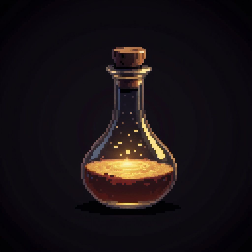 pixel art game asset, elixir of life, shimmering golden liquid, ornate glass bottle, magical effect, clean lines, vibrant colors, game-ready, professional pixel art style, black background