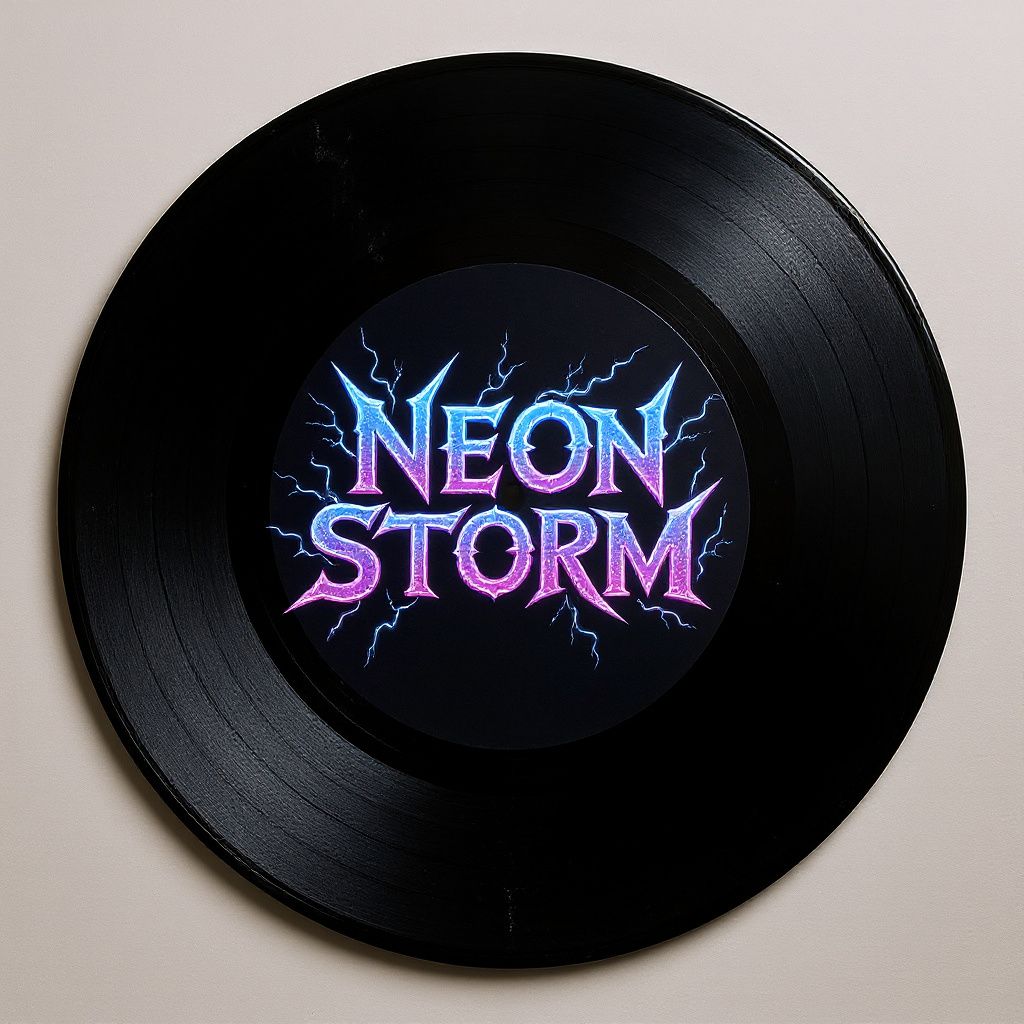 Black vinyl record with a glowing 'Neon Storm' label featuring electric lightning effects