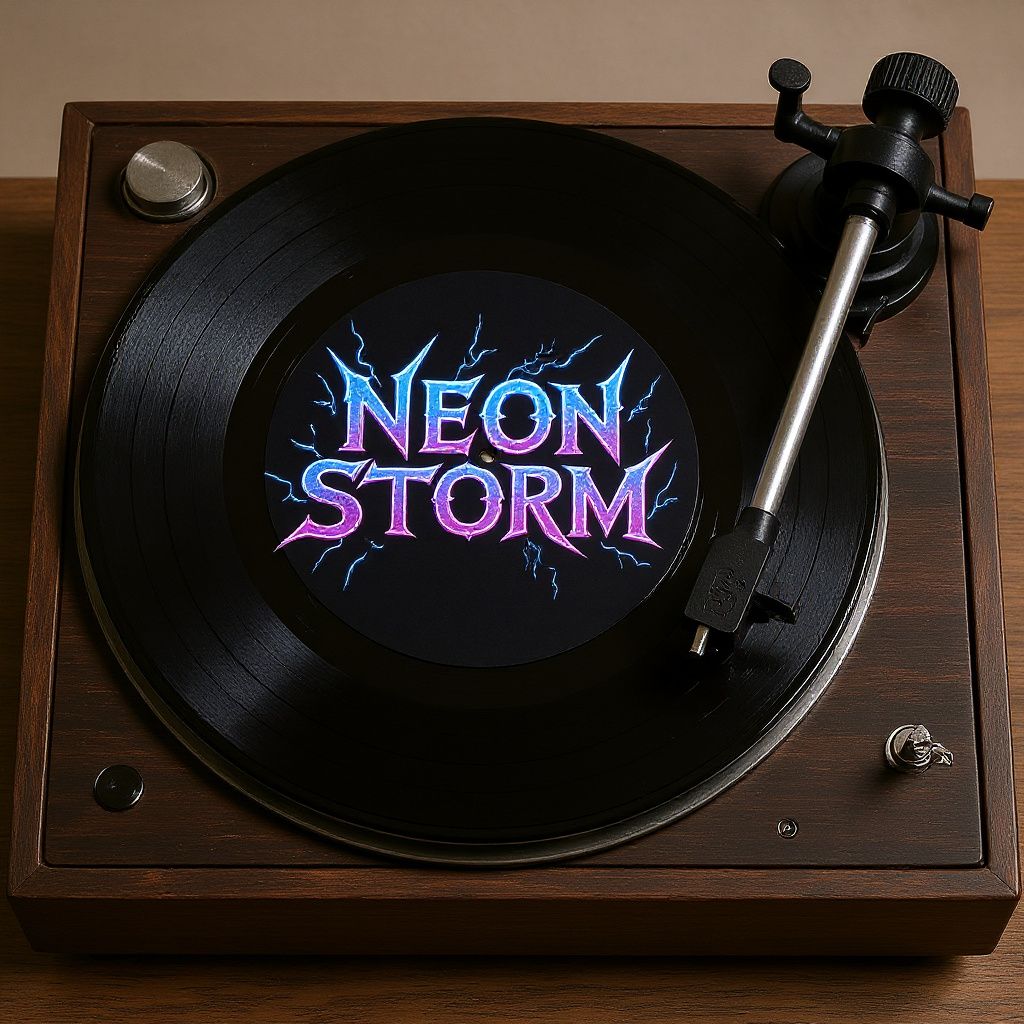 Close-up of a turntable spinning the 'Neon Storm' vinyl under soft lighting