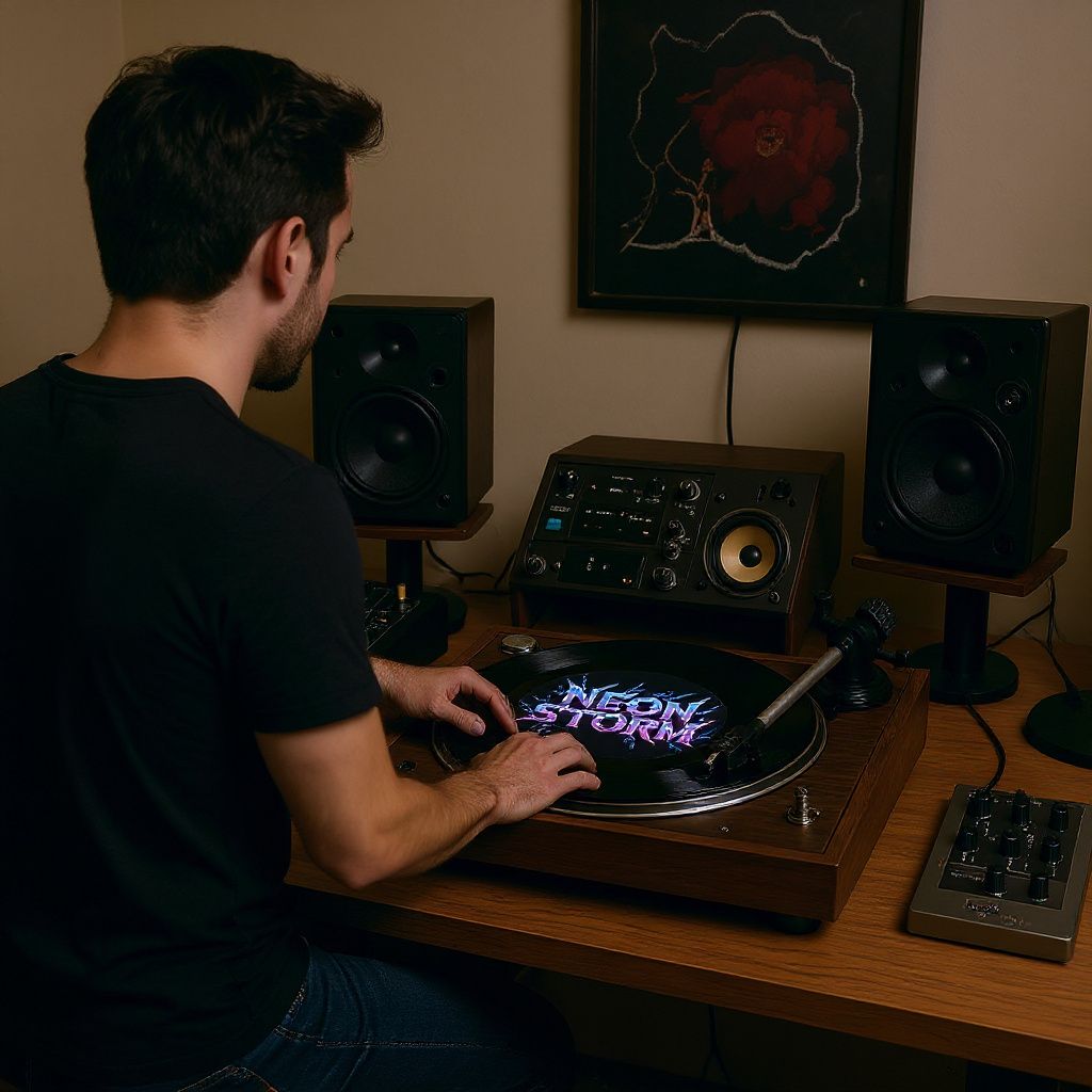 Man using a turntable with a 'Neon Storm' record in a home studio with speakers and audio gear