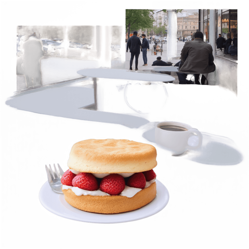 a slice of strawberry shortcake on a café table with a fork, napkin, coffee cup, and people in the background