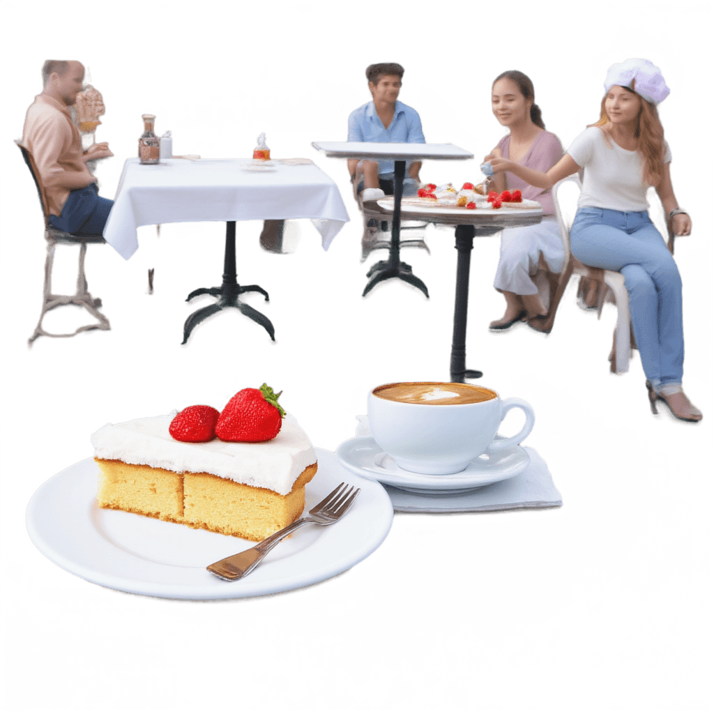 a slice of strawberry shortcake on a café table with a fork, napkin, coffee cup, and people in the background