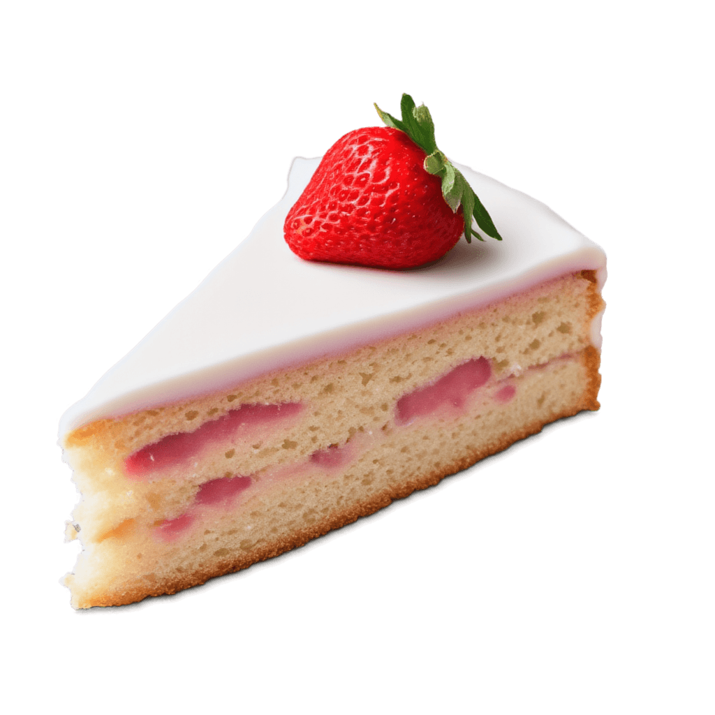 a slice of strawberry shortcake, product photography, isolated subject, studio lighting, soft shadows