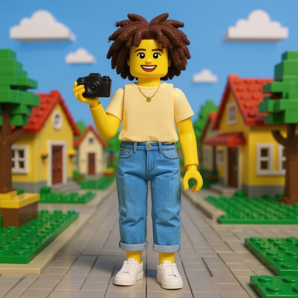 Young woman with natural curly hair, wearing a pale yellow t-shirt and high-waisted jeans, holding a camera and smiling in colorful LEGO bricks style