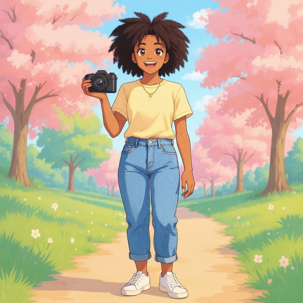 Young woman with natural curly hair, wearing a pale yellow t-shirt and high-waisted jeans, holding a camera and smiling in anime style