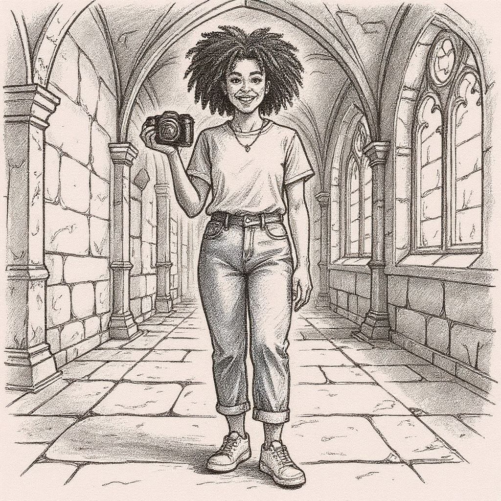 Young woman with natural curly hair, wearing a pale yellow t-shirt and high-waisted jeans, holding a camera and smiling in medieval fantasy ink illustration style