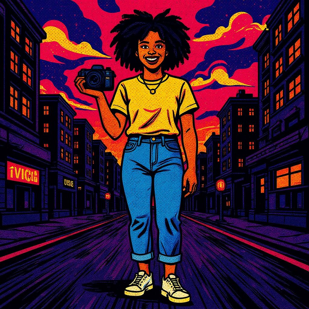 Young woman with natural curly hair, wearing a pale yellow t-shirt and high-waisted jeans, holding a camera and smiling in pop art comic panel style
