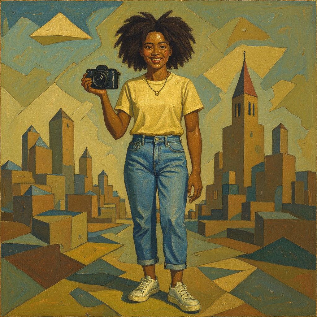 Young woman with natural curly hair, wearing a pale yellow t-shirt and high-waisted jeans, holding a camera and smiling in Cubist abstraction style