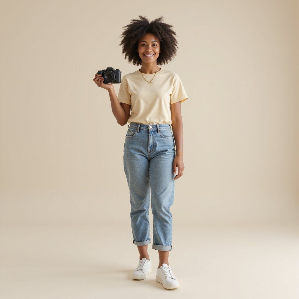Young woman with natural curly hair, wearing a pale yellow t-shirt and high-waisted jeans, holding a camera and smiling
