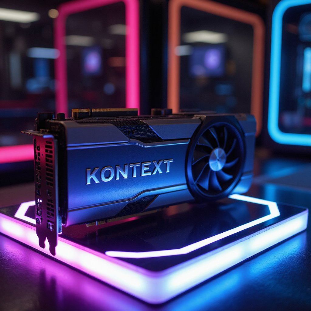 A high-end GPU graphics card placed on a lit display pedestal, surrounded by glowing RGB accents and futuristic ambient lighting