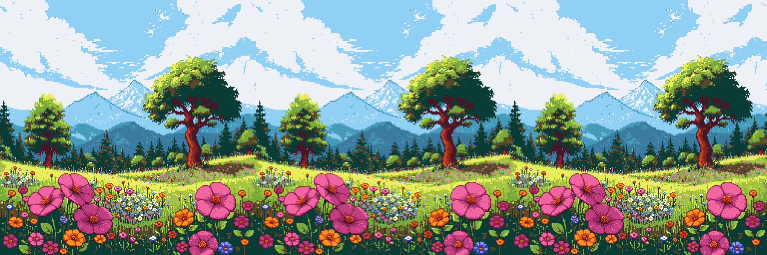a beautiful pixel art meadow filled with colorful wildflowers, trees, and mountains under a clear blue sky