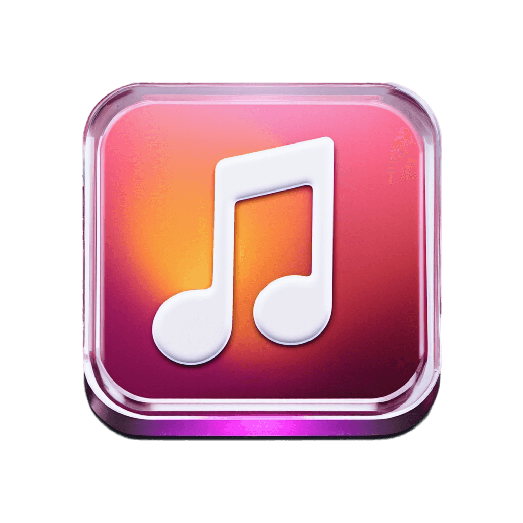 macOS-style app icon for a music player, 3D glass effect