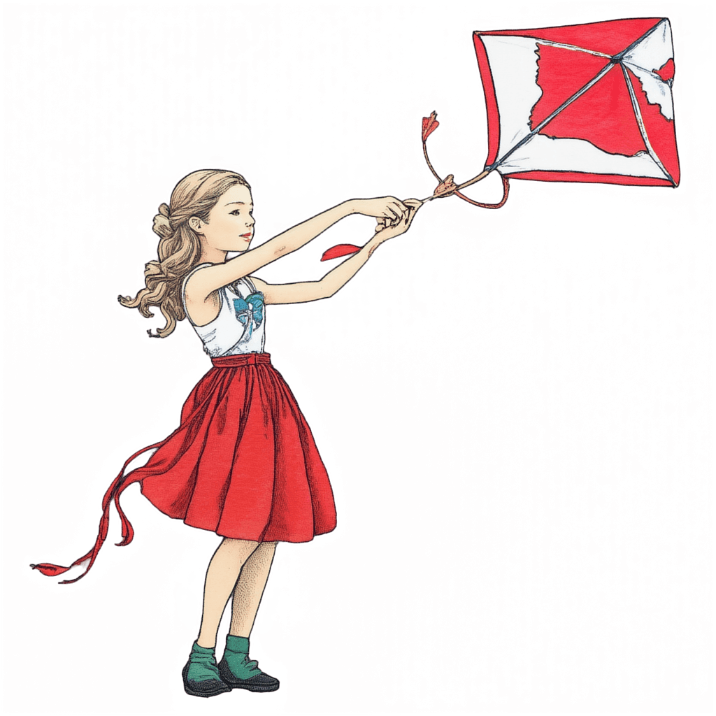 girl flying a kite, hand-drawn style