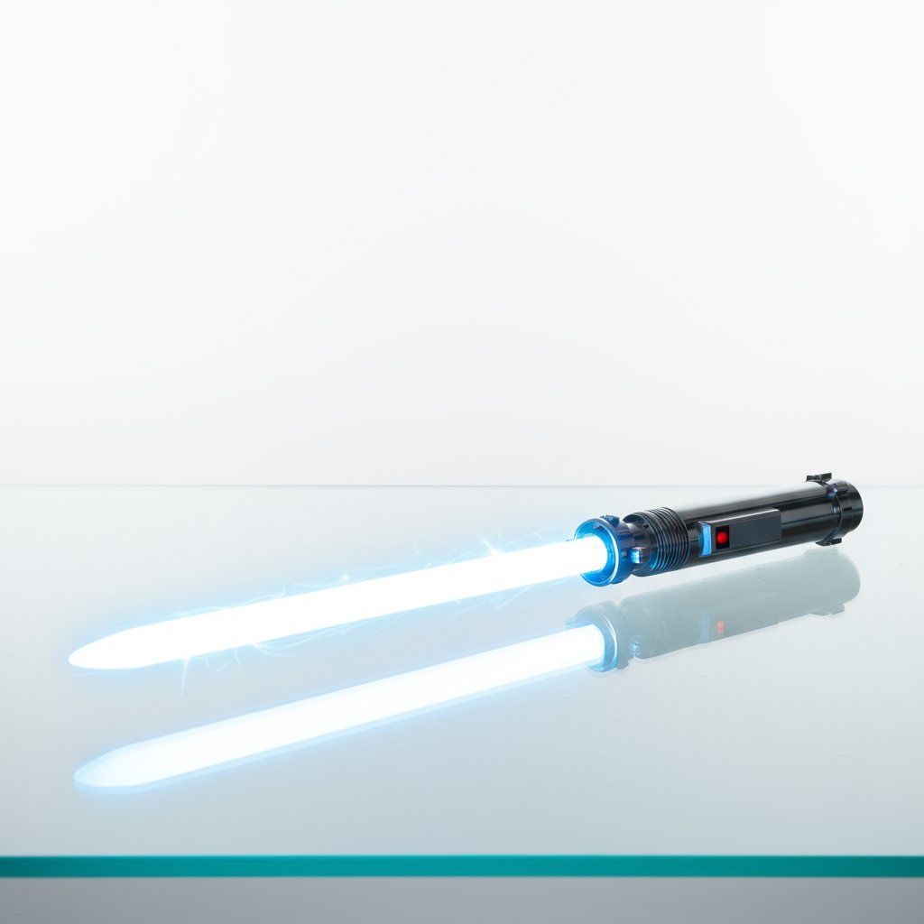 Blue glowing lightsaber lying on a reflective surface against a white background