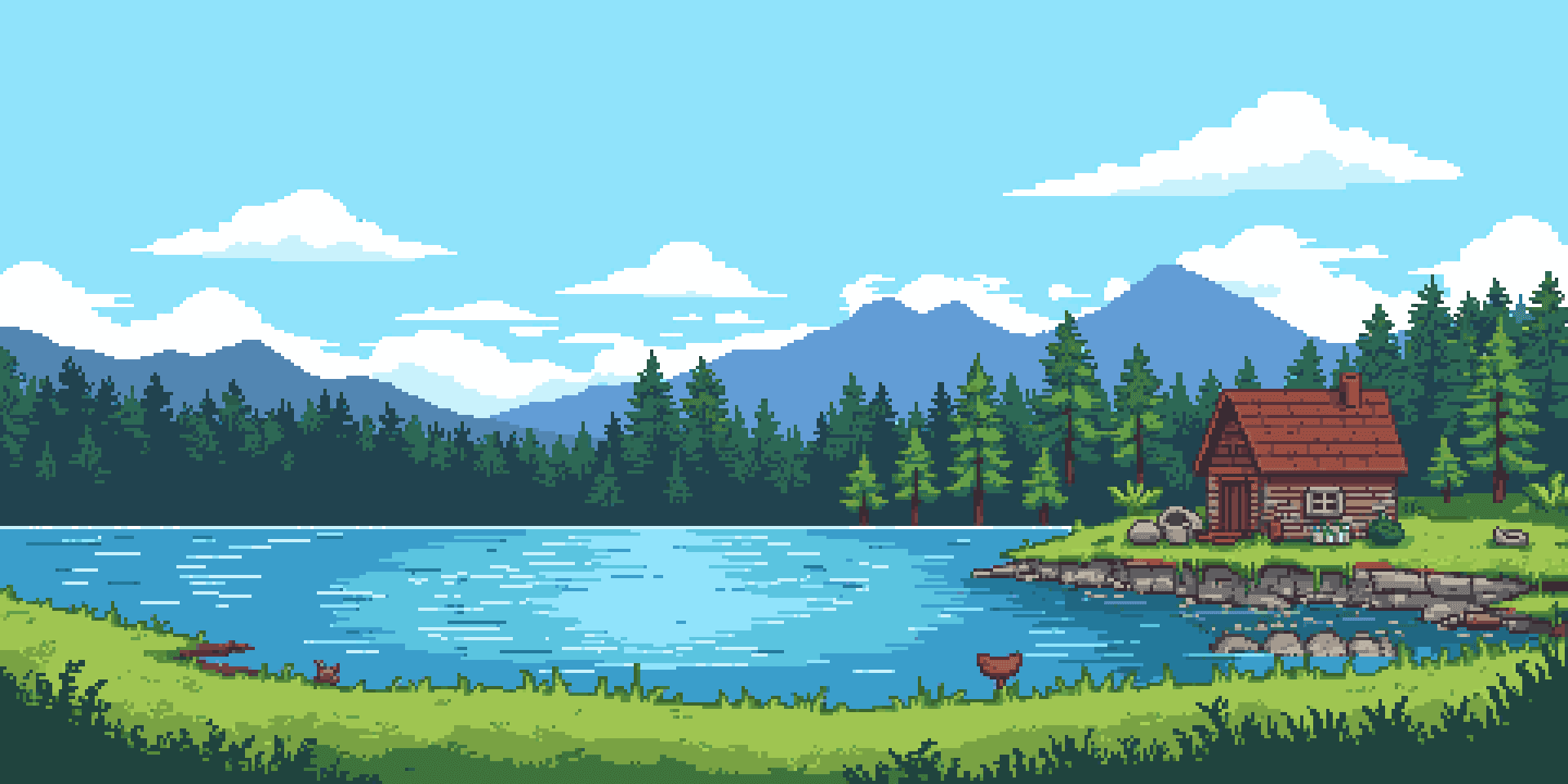 a serene pixel art lake scene with a cozy cabin by the water, surrounded by pine trees and mountains in the background
