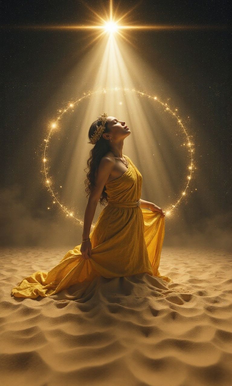 A goddess-like woman wrapped in golden fabric, her head tilted upward toward a beam of celestial light. Her body disappears downward into flowing sand, as constellations circle her arms and crown