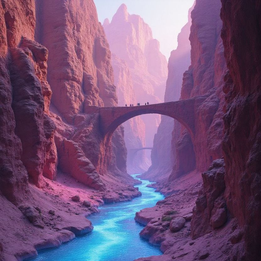A candy-colored canyon carved by glowing rivers, with bridges and stairways connecting ledges. Small figures cross in the distance