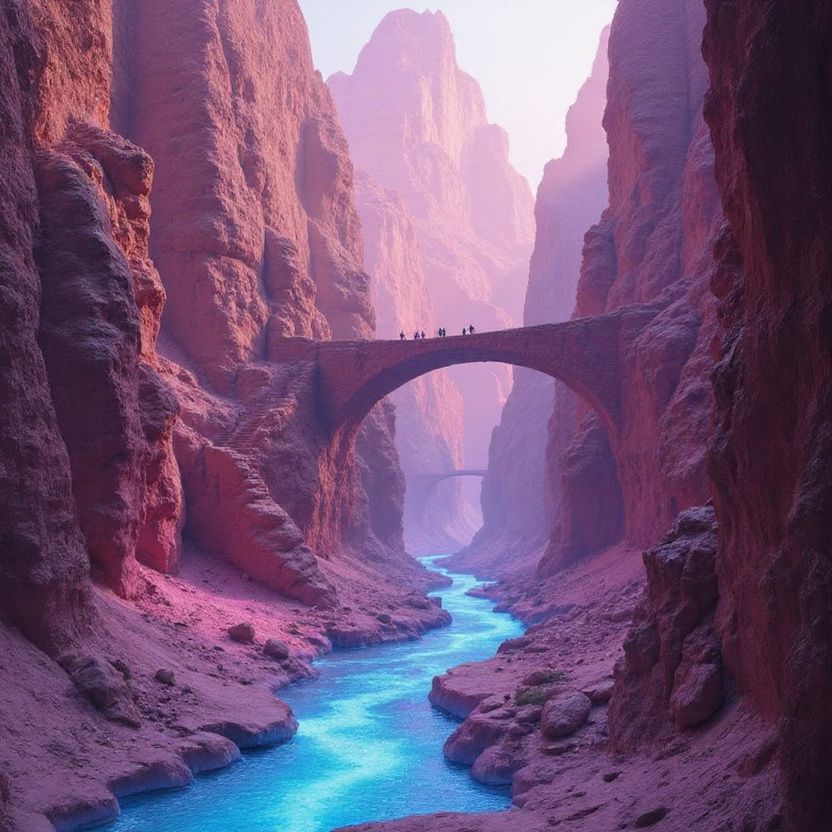 A candy-colored canyon carved by glowing rivers, with bridges and stairways connecting ledges. Small figures cross in the distance