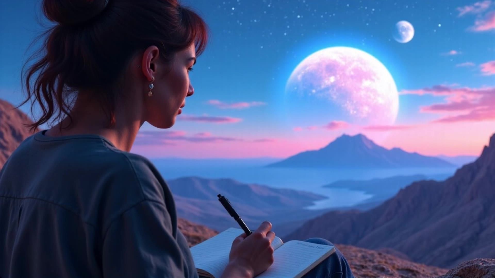 A woman writes in a notebook while gazing at a mountainous landscape with a large pink moon and a smaller planet in the sky