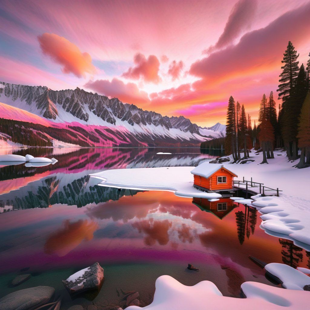 A crystal-clear lake surrounded by snow-capped mountains under a vibrant pink and orange sunset, with a small wooden cabin on the shore and pine trees reflected in the still water