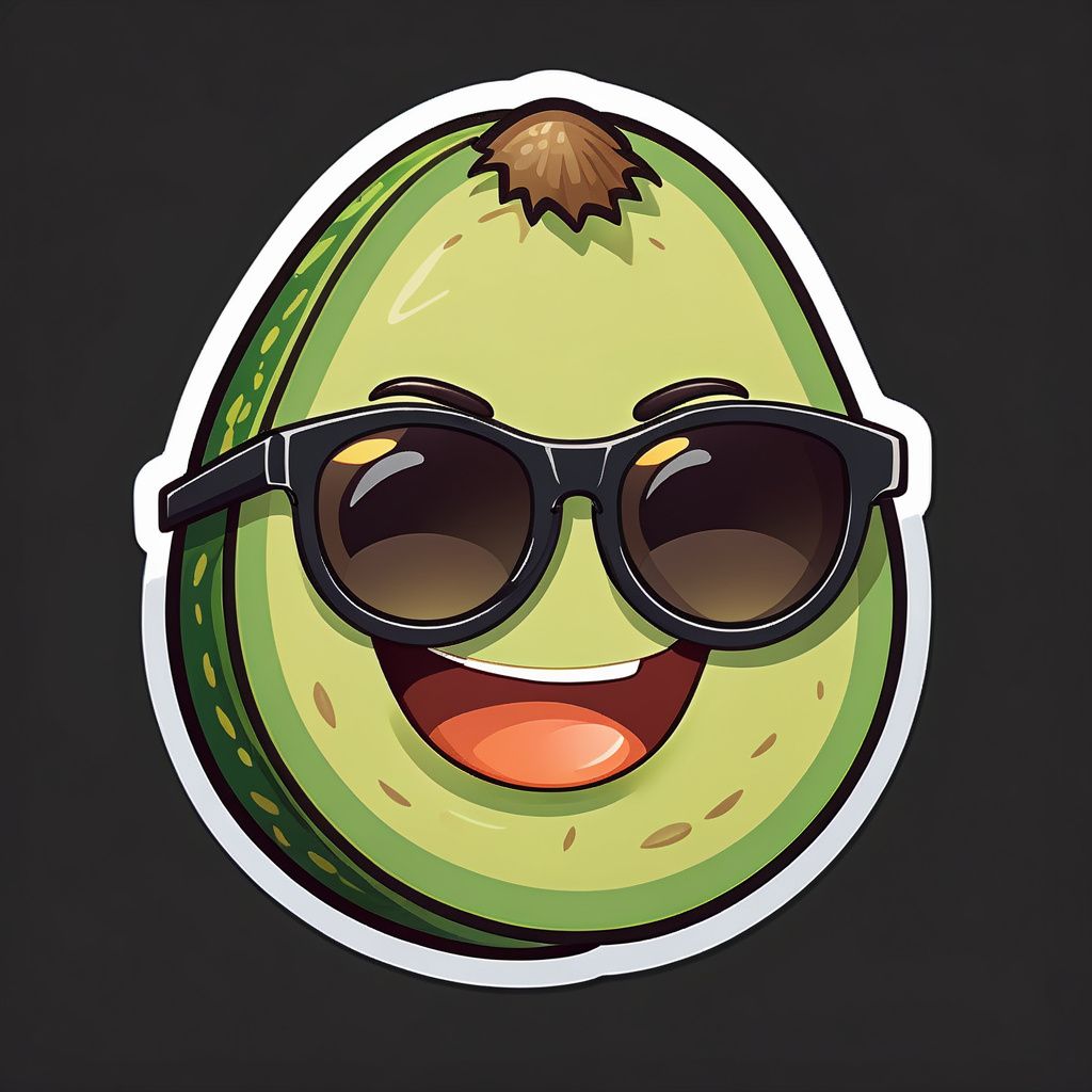 Smiling avocado with sunglasses emoji, stickers pack, outline, white borders, detailed, cartoon, black background