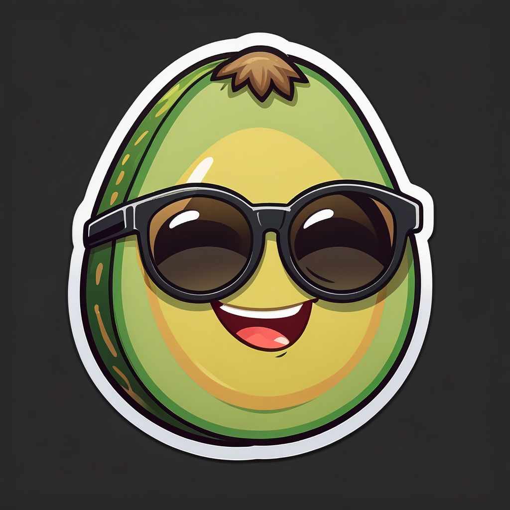 Smiling avocado with sunglasses emoji, stickers pack, outline, white borders, detailed, cartoon, black background