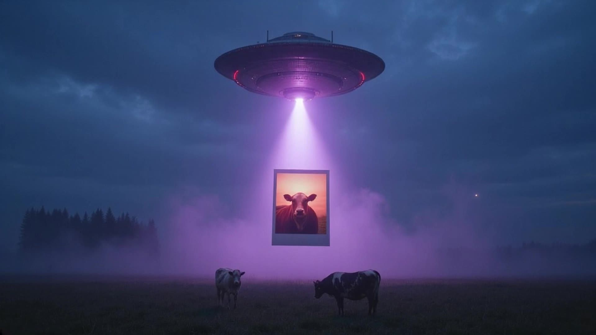 A UFO shines a purple light onto a field with two cows and a floating Polaroid photo of a cow