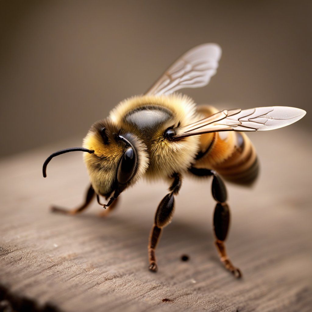 Close-up of a realistic honeybee standing on a wooden surface