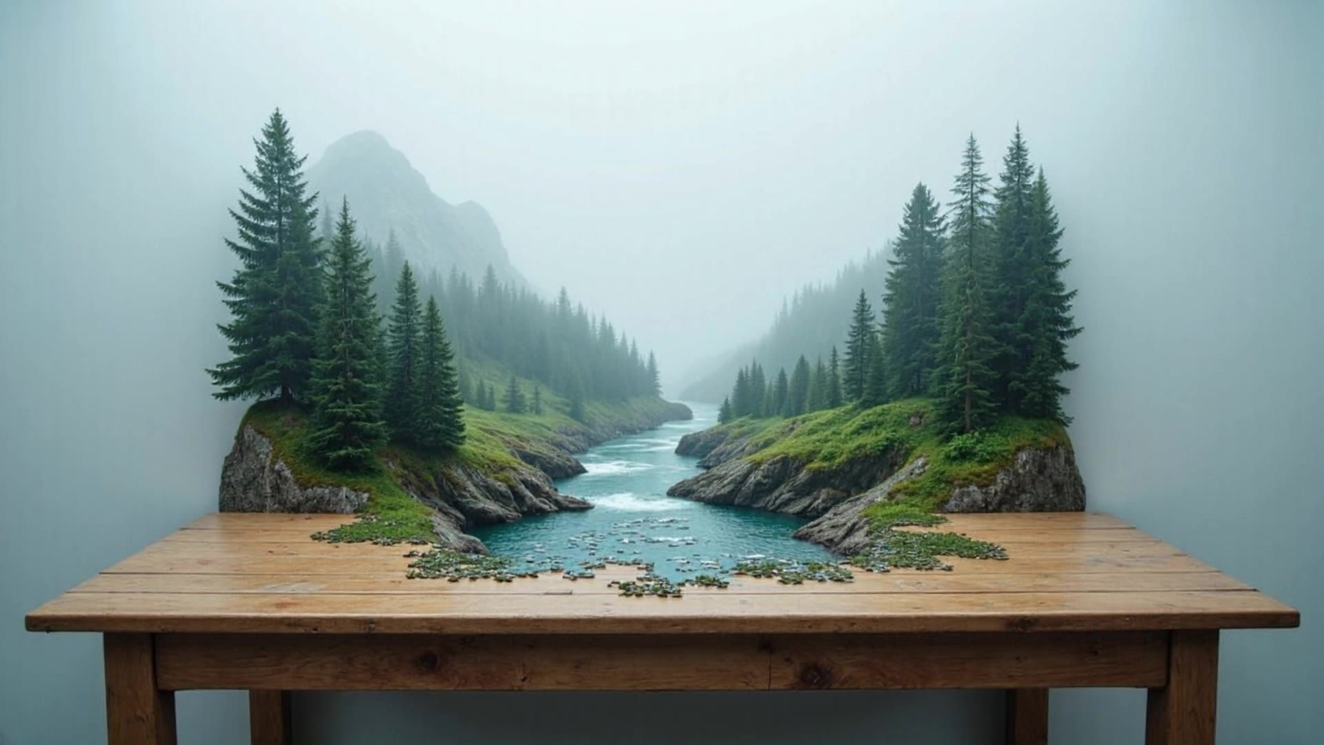 A tabletop jigsaw puzzle seamlessly transforms into a realistic landscape with pine trees and a river extending into the distance