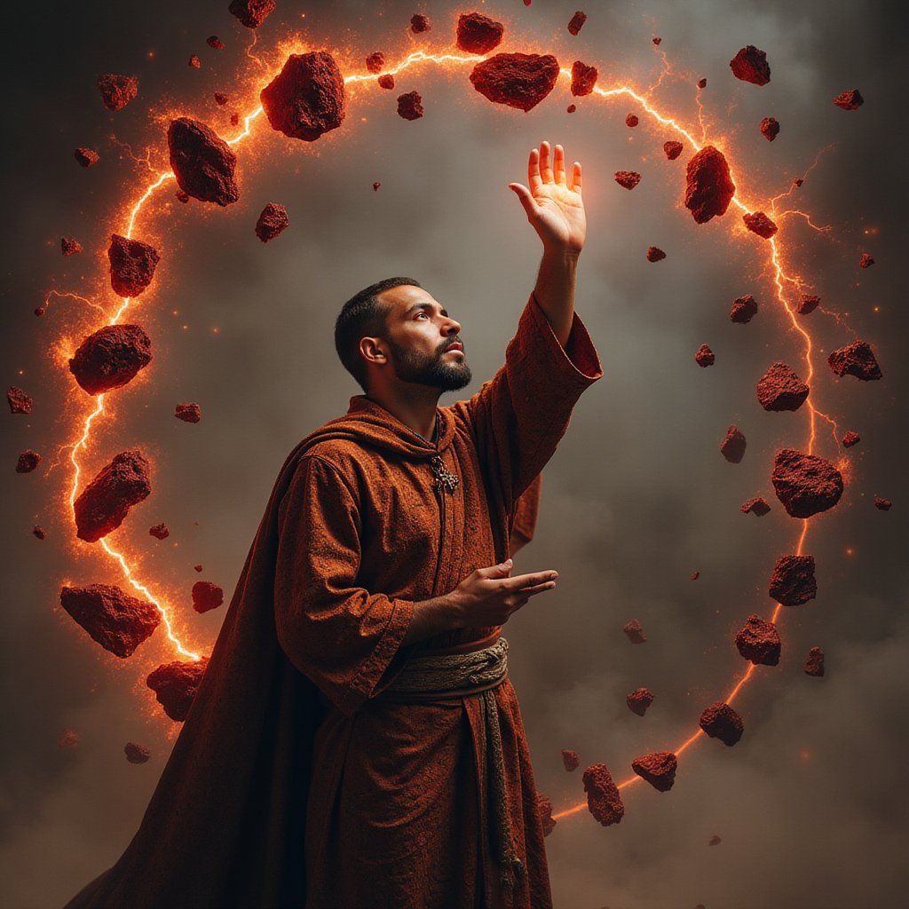 A man in scorched robes raises his hand, and shards of obsidian float around him in a slow orbit, each one crackling with red lightning