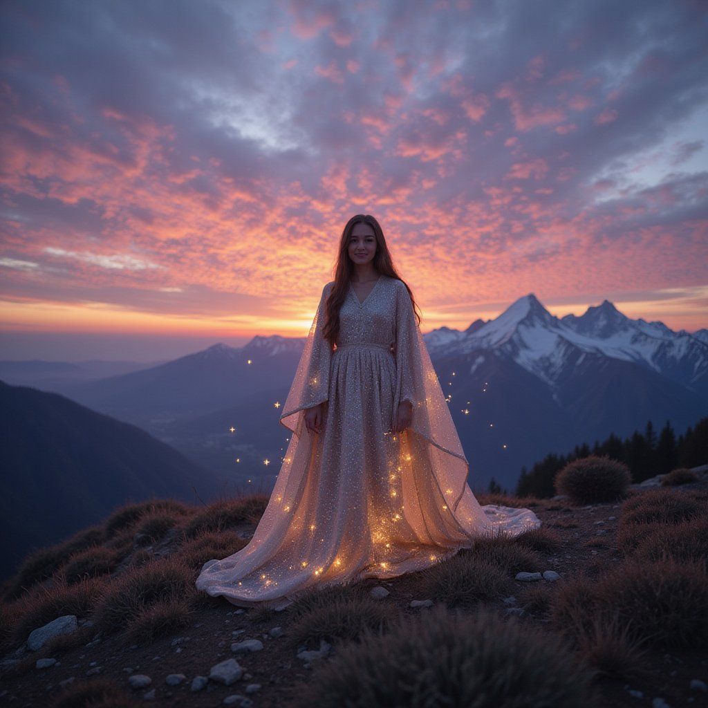 A woman standing in a field, looking at the camera from a distance, her dress blowing in the wind under a soft, overcast sky