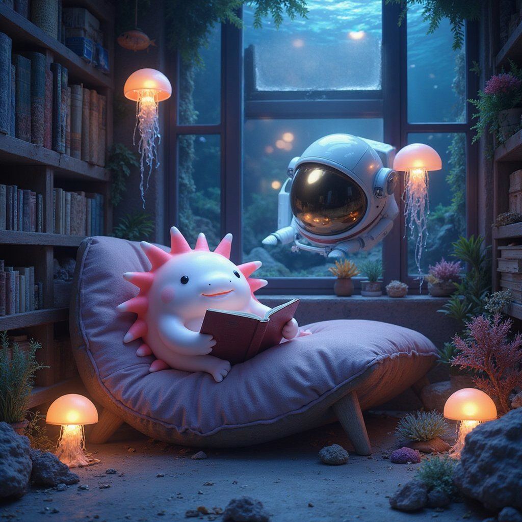 A smiling axolotl in a cozy underwater reading nook, surrounded by coral bookshelves and glowing jellyfish lamps, an astronaut knocking on window