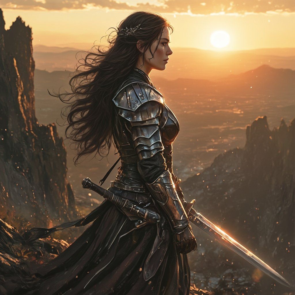 A fierce female warrior with intricate silver armor reflecting warm sunset light, holding a glowing sword with runes carved into the blade, standing on a rocky cliff overlooking a vast fantasy valley, wind blowing through her dark hair, cinematic atmosphere