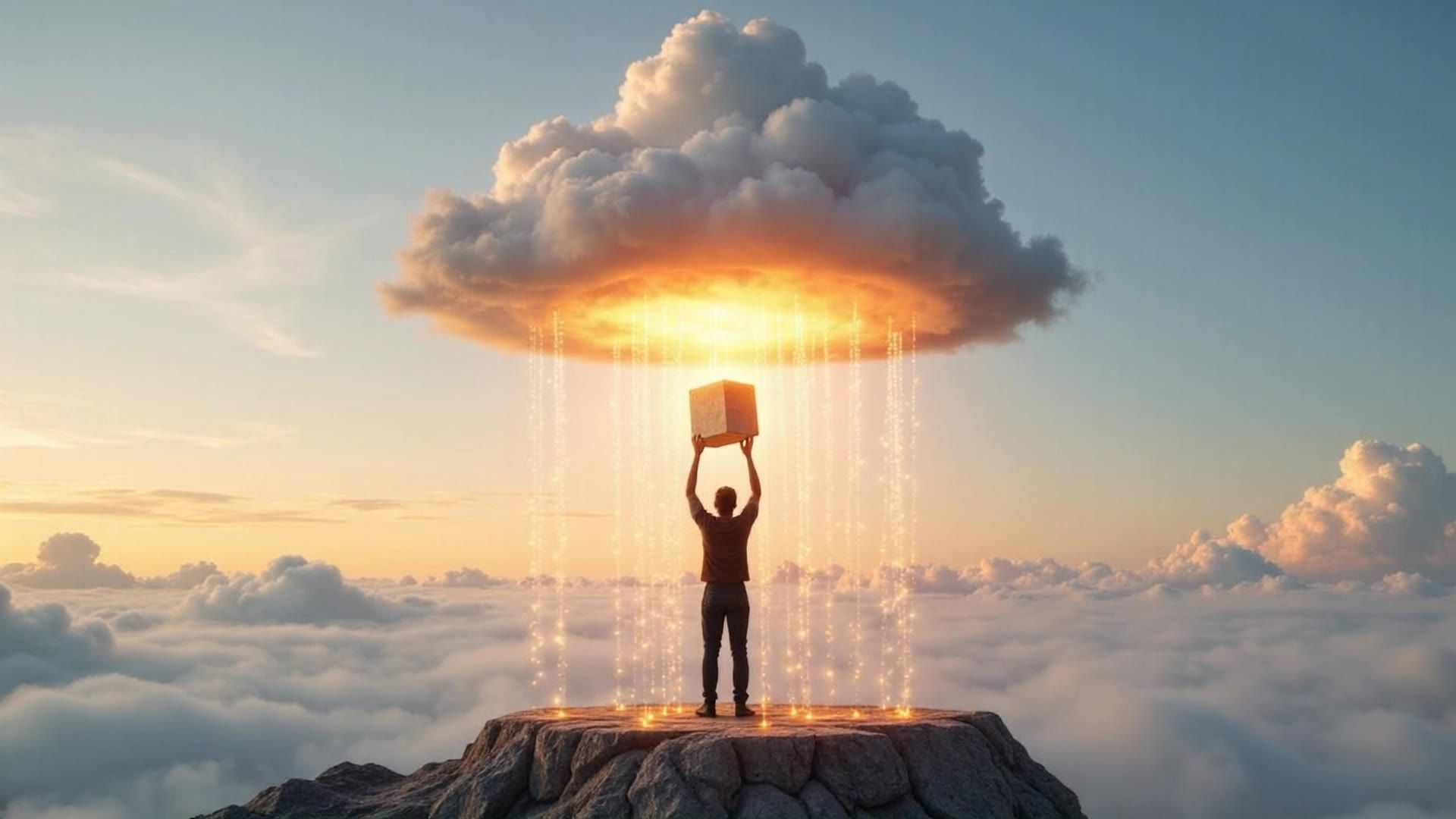 Man standing on a mountaintop holding a box up toward a glowing cloud emitting vertical beams of light
