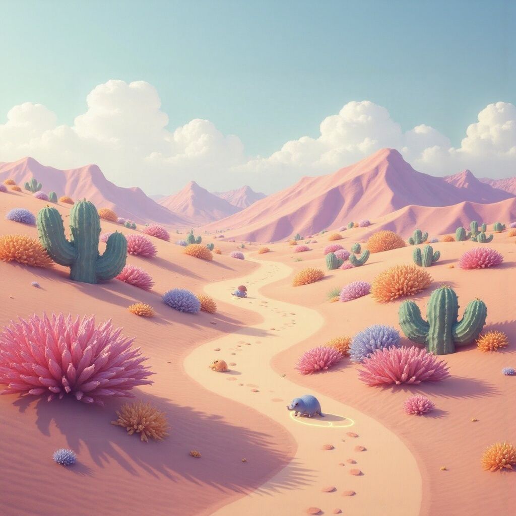 A soft pastel desert landscape with rolling hills, oversized flowers, and tiny winding paths. A few small creatures explore the area, leaving glowing footprints behind