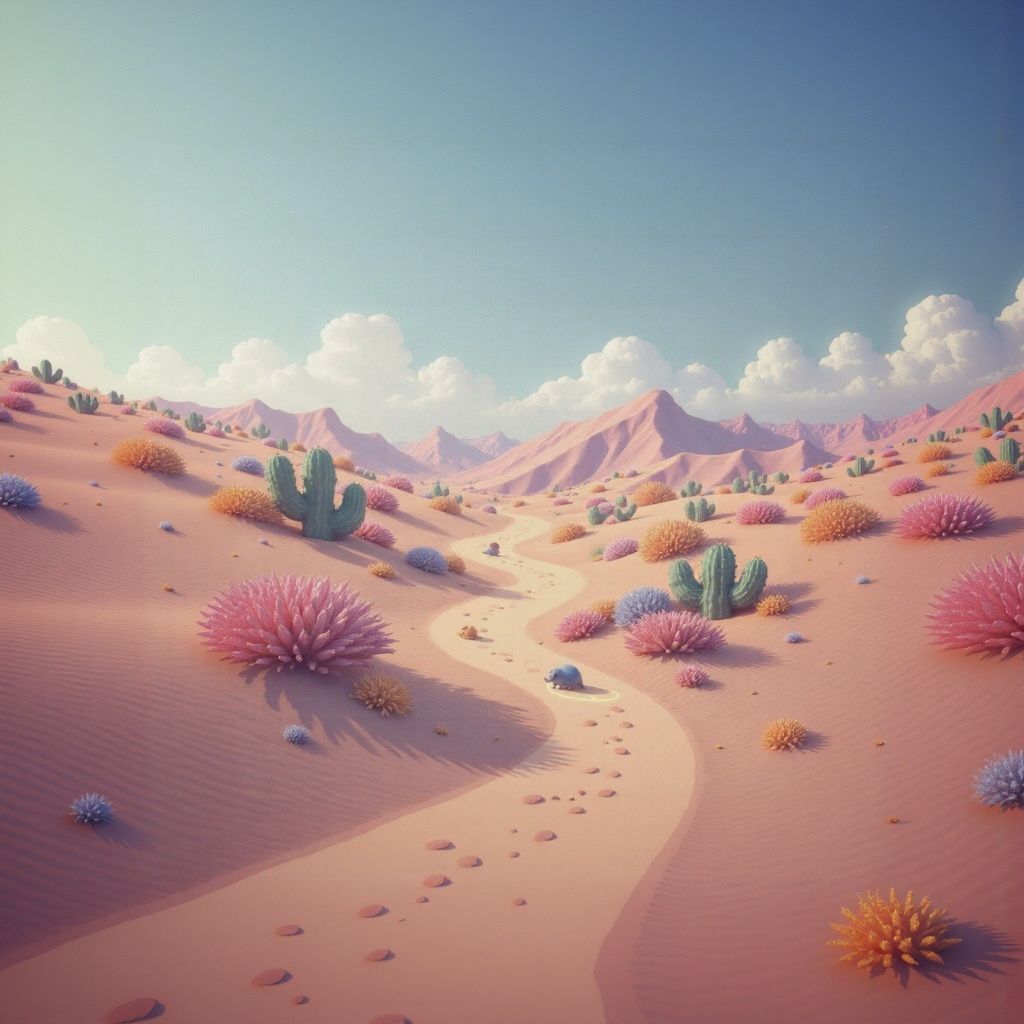 A soft pastel desert landscape with rolling hills, oversized flowers, and tiny winding paths. A few small creatures explore the area, leaving glowing footprints behind